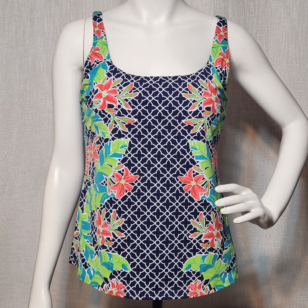 Lands' End Navy Floral Tankini top with Pink & Green Blooms